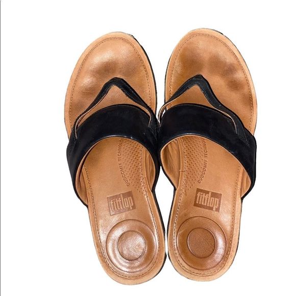 Fitflop Shoes - FitFlop Black Leather Thong Sandals Size 6